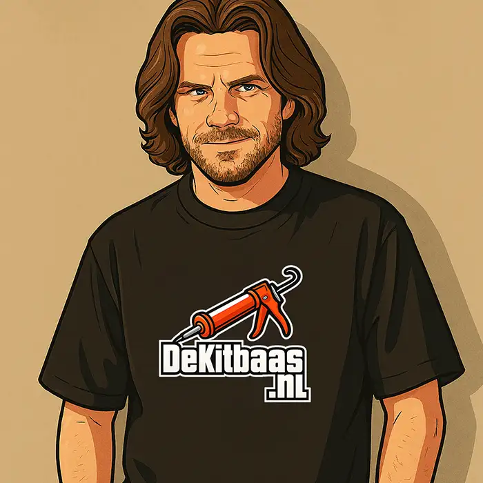 Portretfoto van Rogier, de Kitbaas, met een shirt met logo